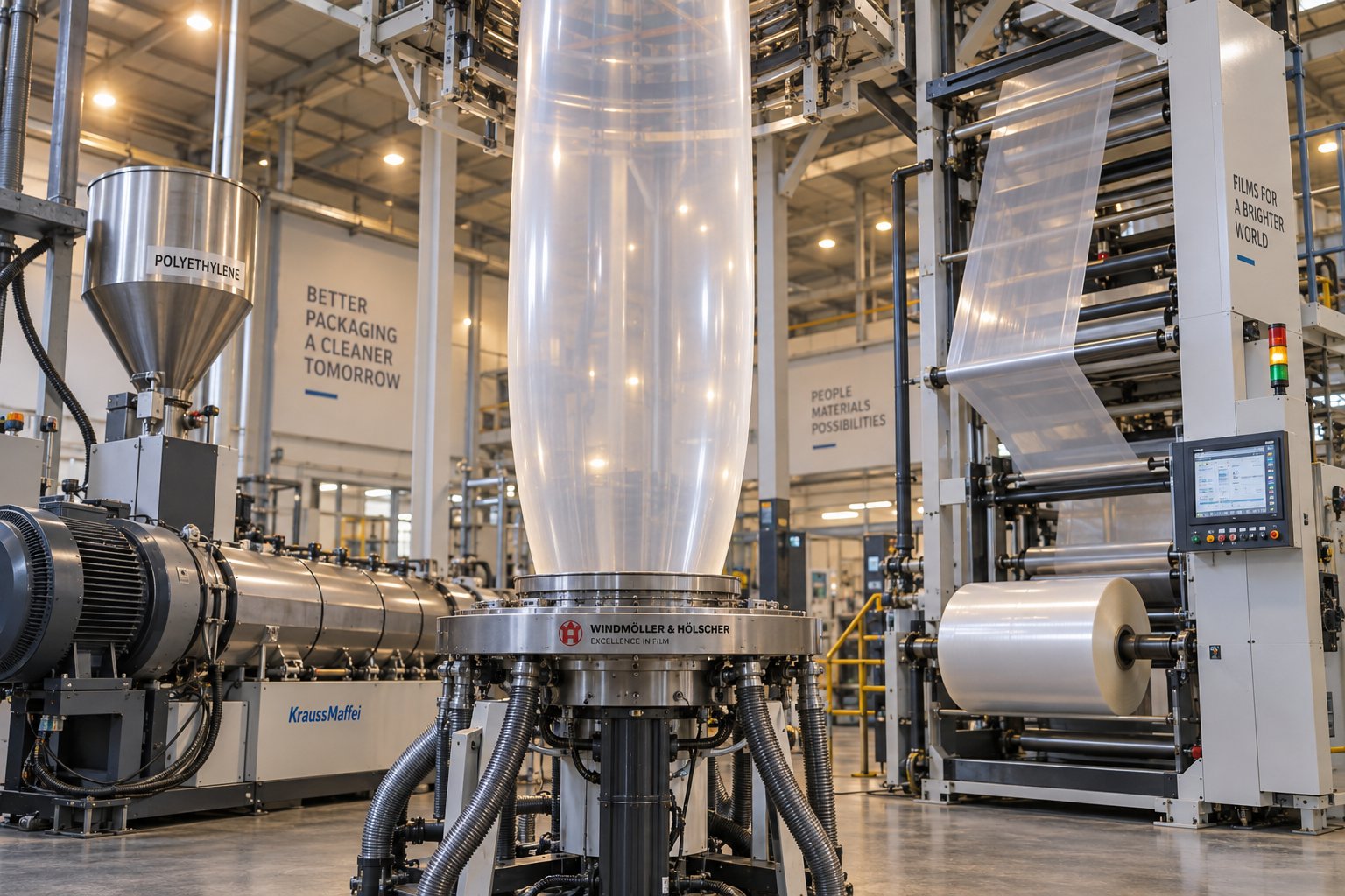 a modern blown film extrusion line producing continuous polymer film from resin pellets