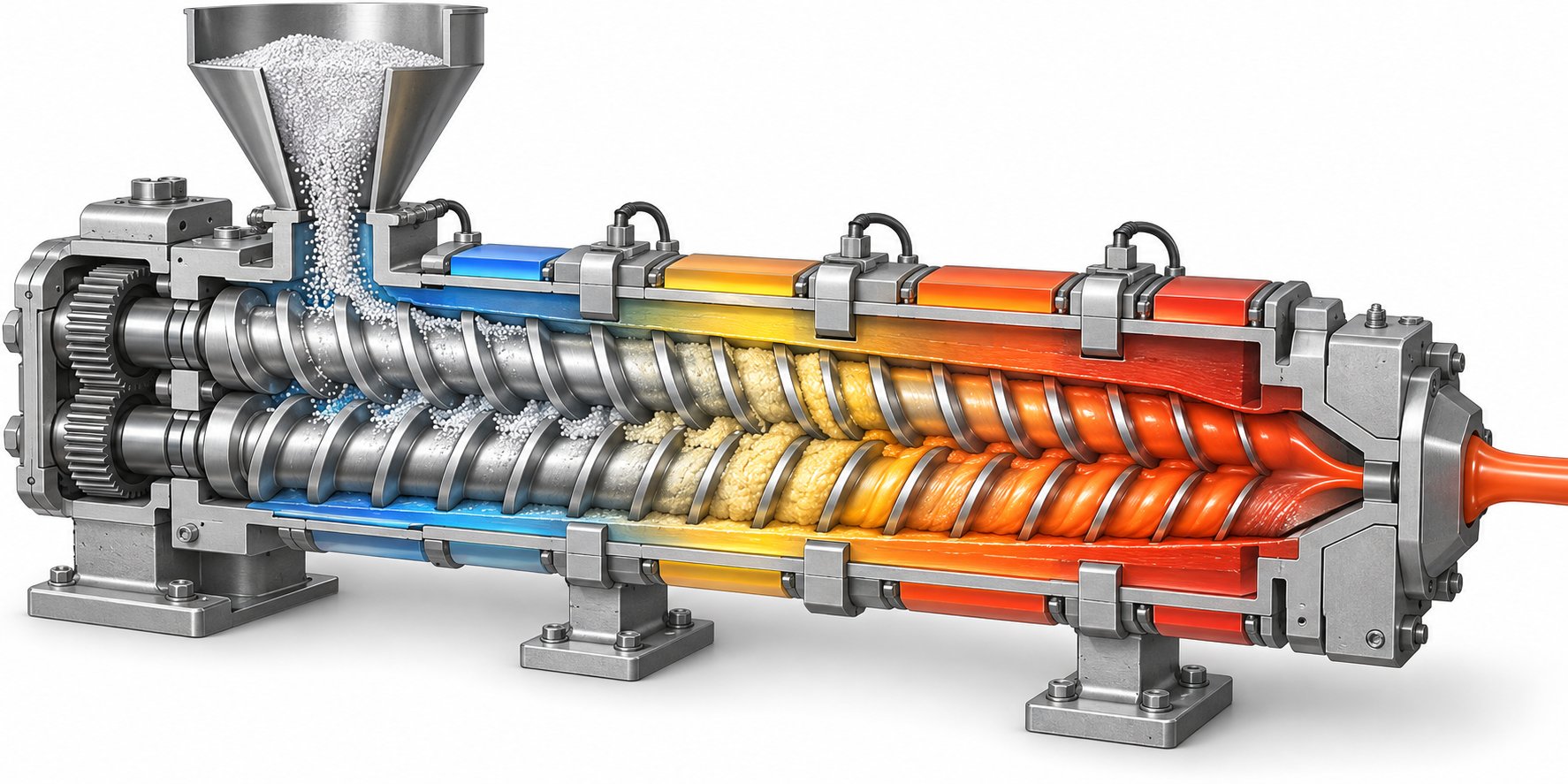 cutaway view of a conical twin screw extruder showing pvc plasticization stages from powder feeding to melt discharge