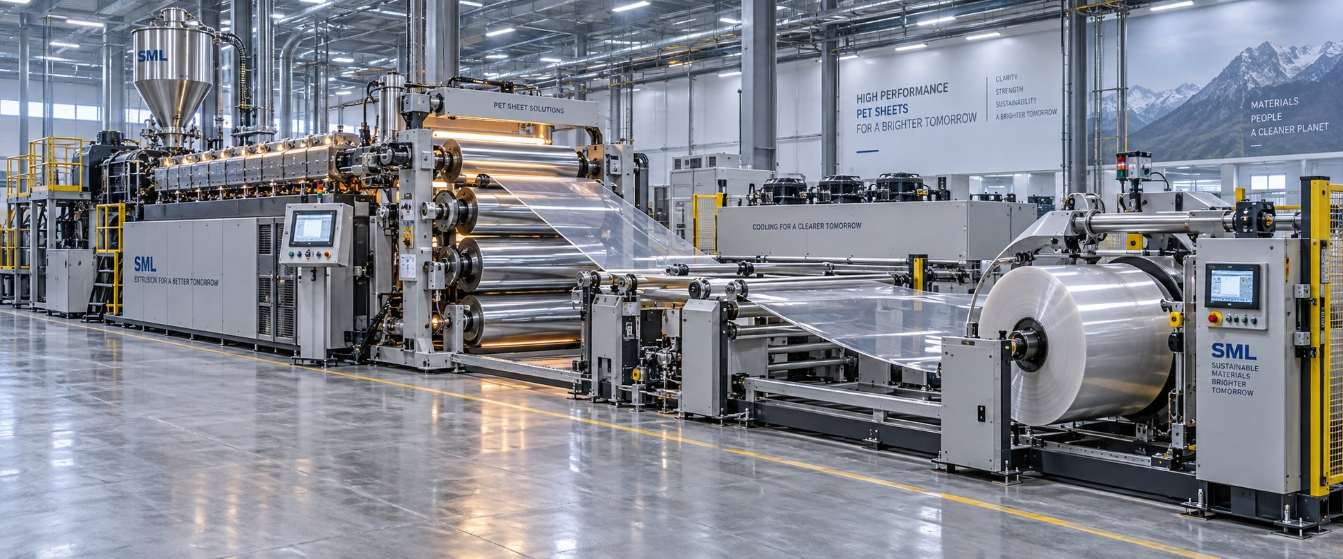 complete pet sheet extrusion line showing extruder calender stack and winding station in an industrial production facility