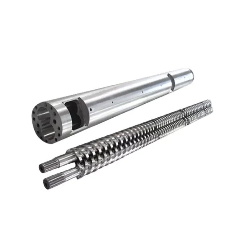Twin screw and barrel assembly for plastic extruder