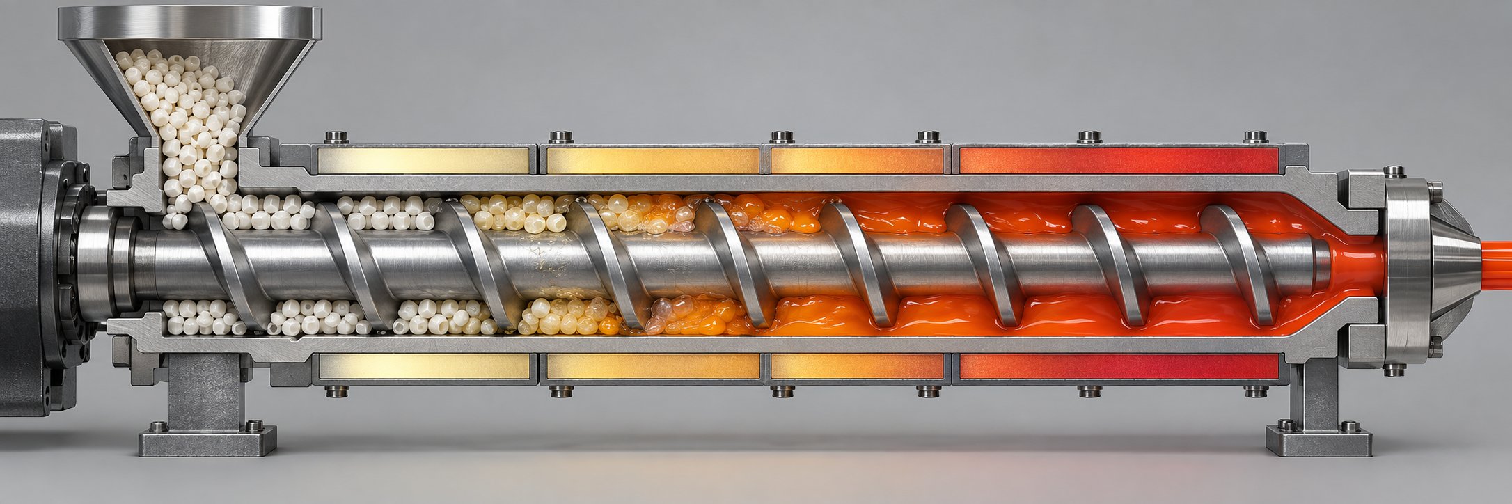 cross section view of an extruder barrel showing feed compression and metering zones during hdpe processing
