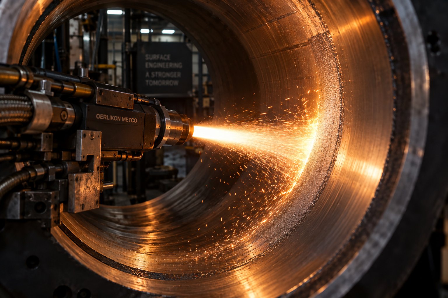 alloy spray welding process depositing a wear resistant coating onto an extruder barrel bore during surface restoration