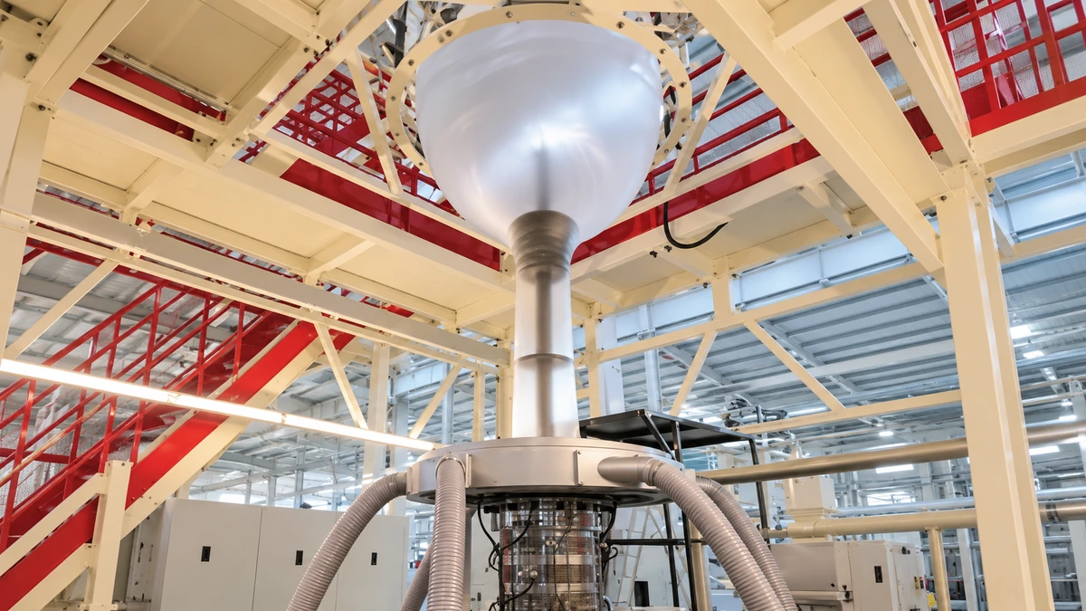 Tall translucent film bubble and narrow stem above an extrusion die and air-ring assembly