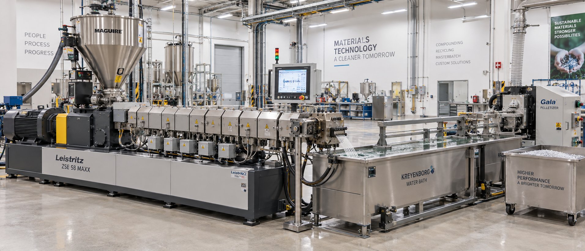 complete twin screw extruder processing line from feed hopper through die head to pelletizing equipment