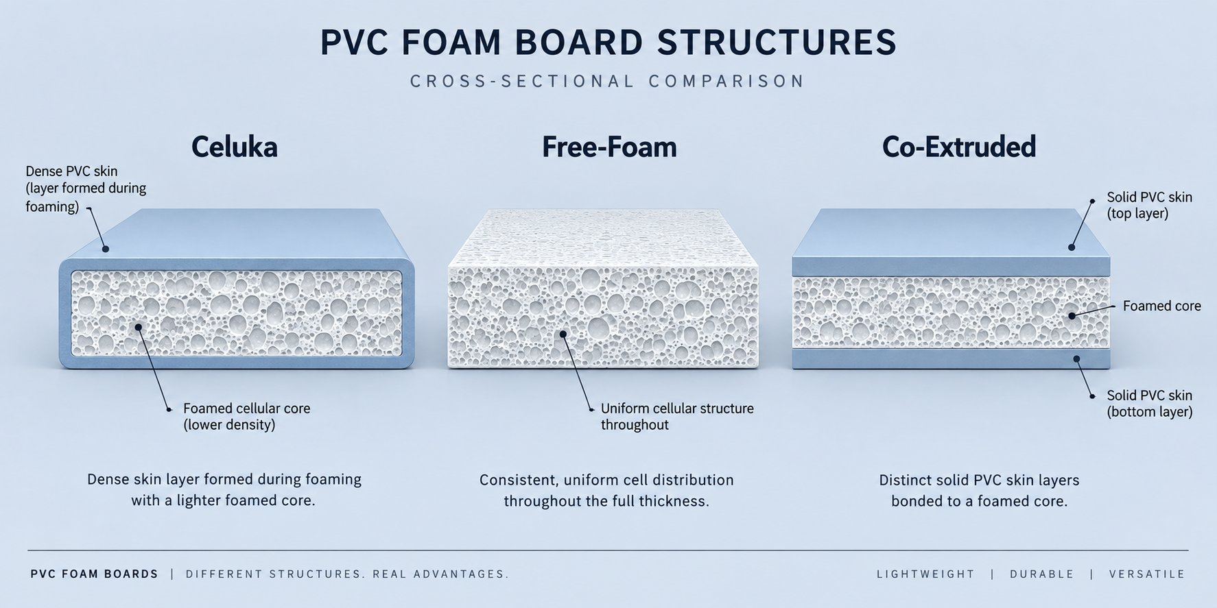 cross sectional comparison of celuka free foaming and co extruded pvc foam board structures
