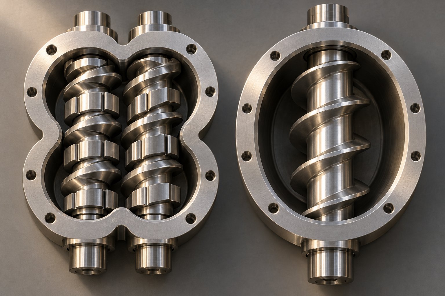 twin screw intermeshing elements compared with single screw continuous flight geometry