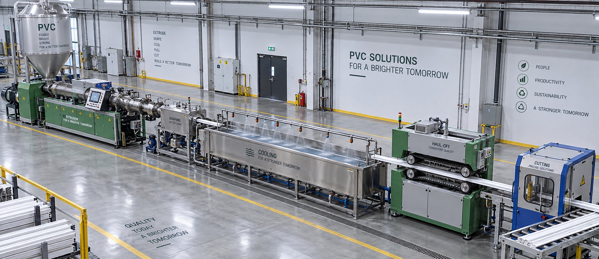 a complete pvc extrusion production line with the conical twin screw extruder at its center surrounded by upstream and downstream equipment