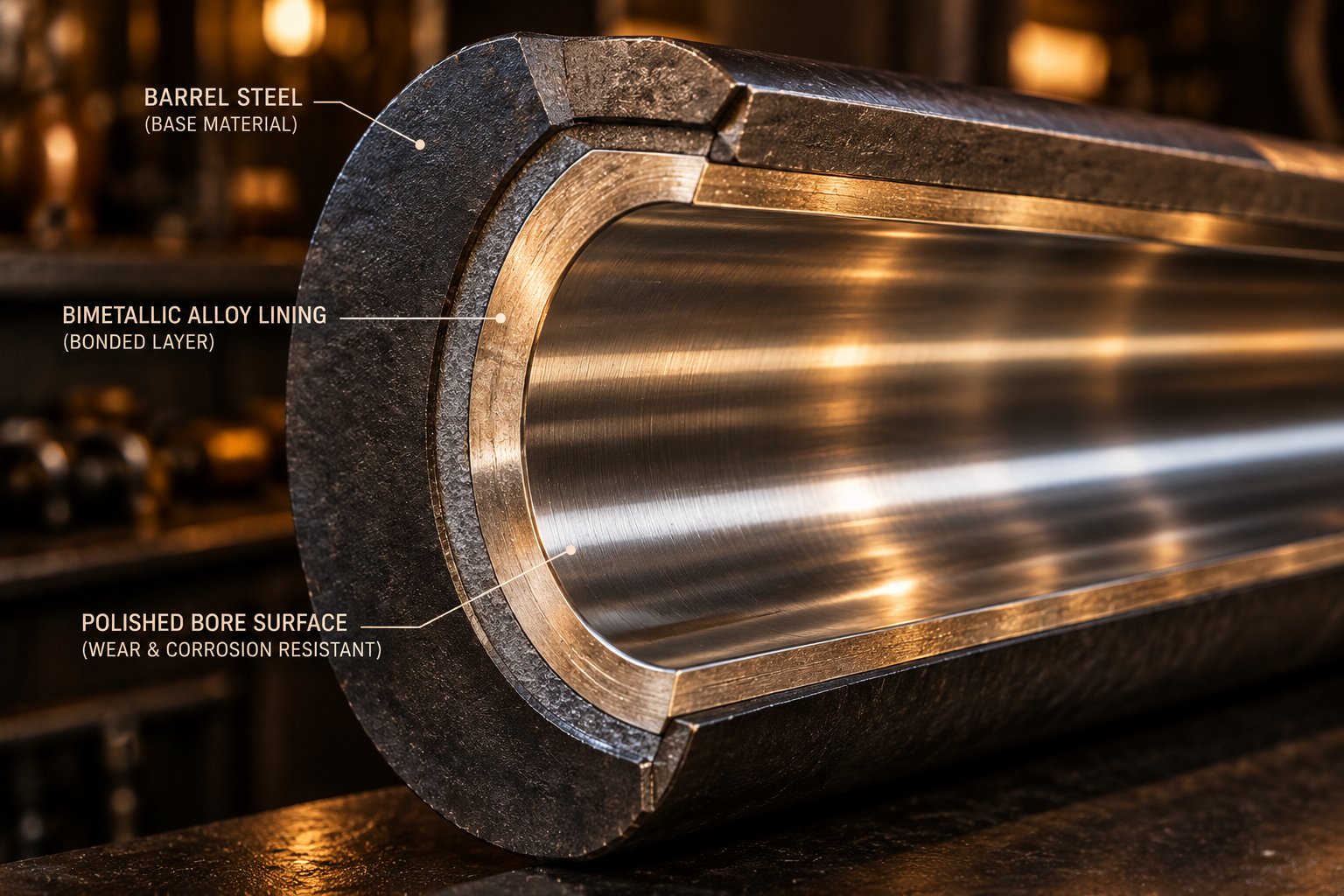 cross section of a bimetallic barrel showing the protective alloy lining bonded to the steel bore