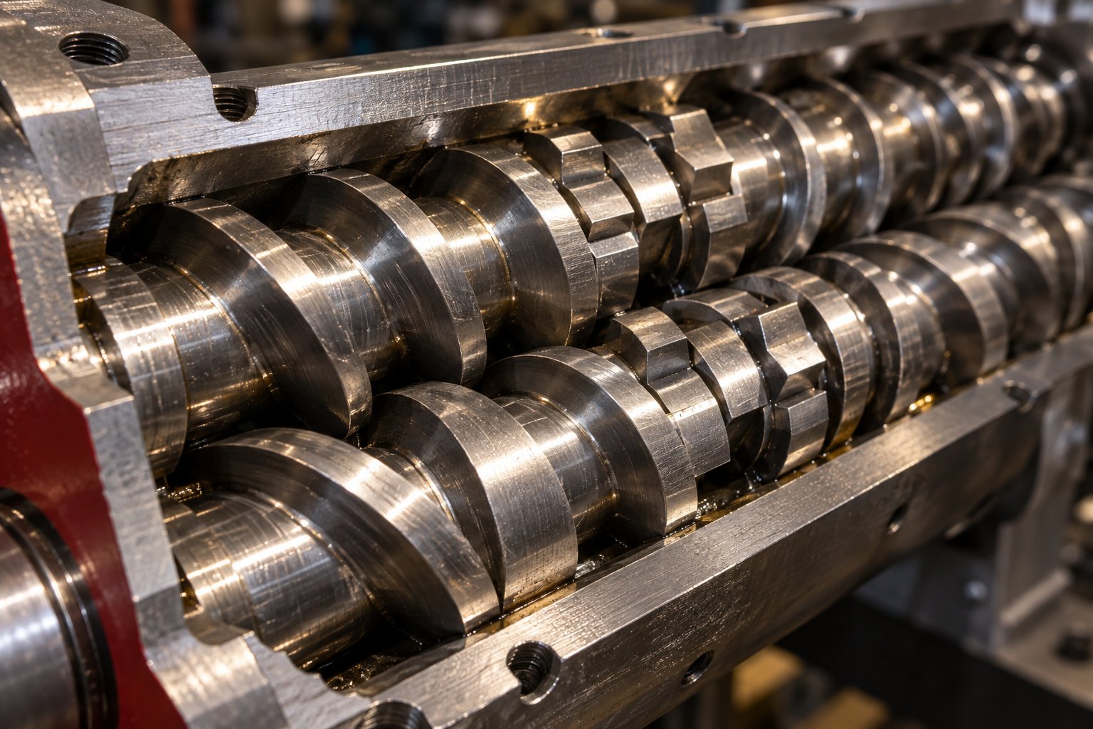 a parallel twin screw barrel assembly with modular screw elements engineered for precise mixing and wear resistance in pelletizing applications