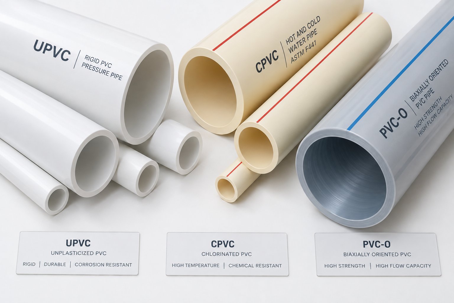cross section view of upvc cpvc and pvc o pipes highlighting differences in wall thickness and material