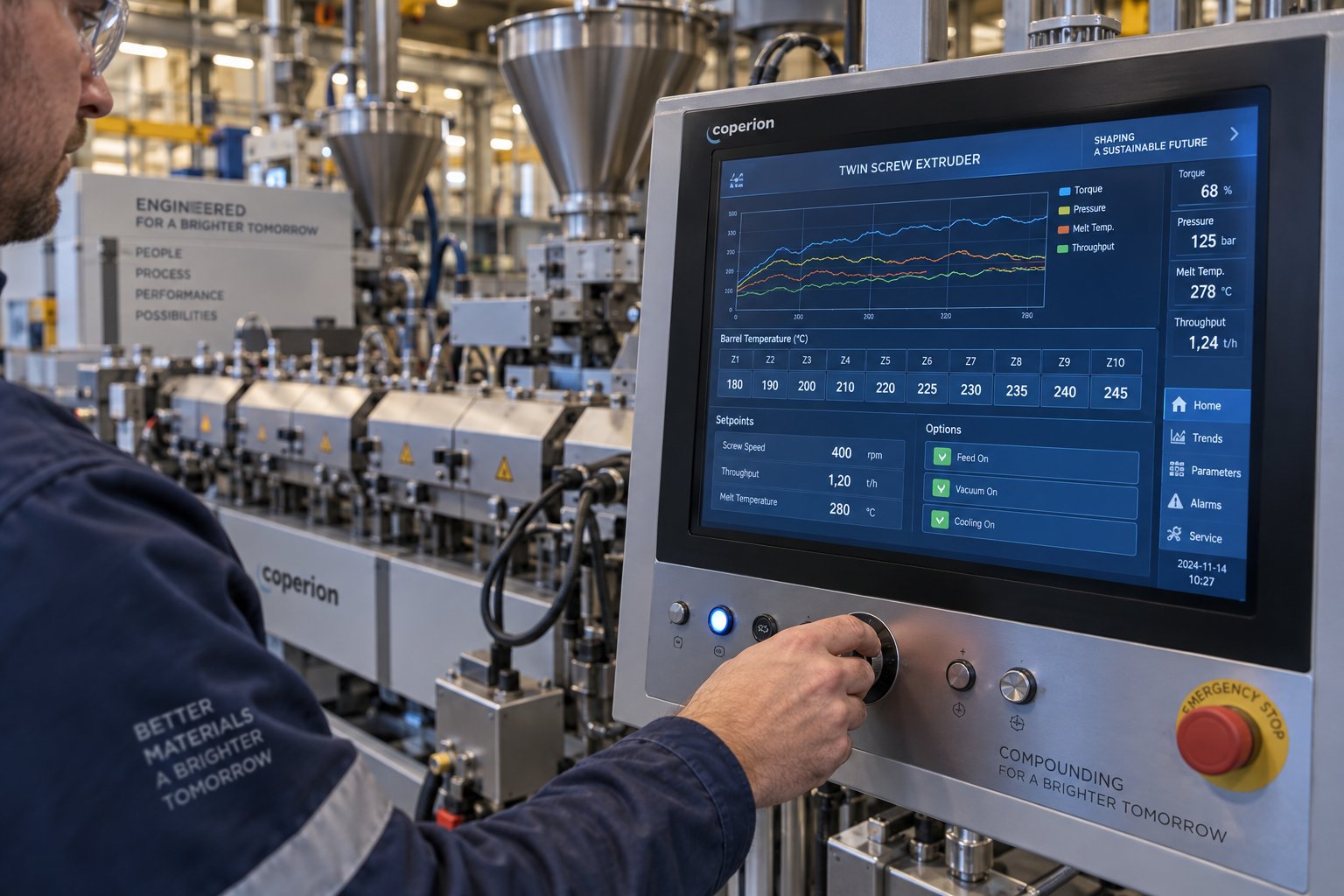 process engineer monitoring and optimizing twin screw extruder parameters on a digital control panel during compounding production