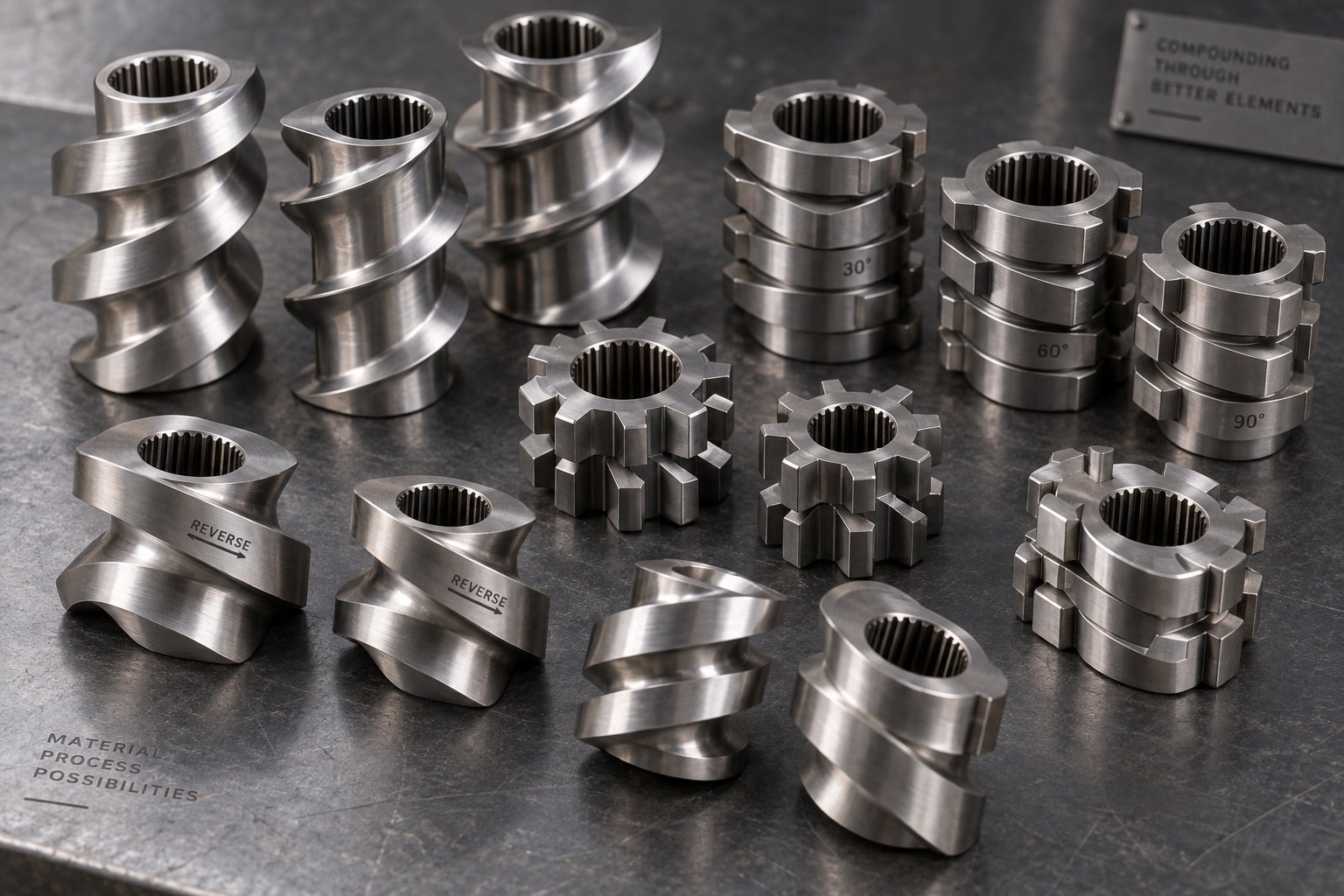 modular twin screw elements conveying kneading and mixing segments that can be reconfigured for different polymer processing applications