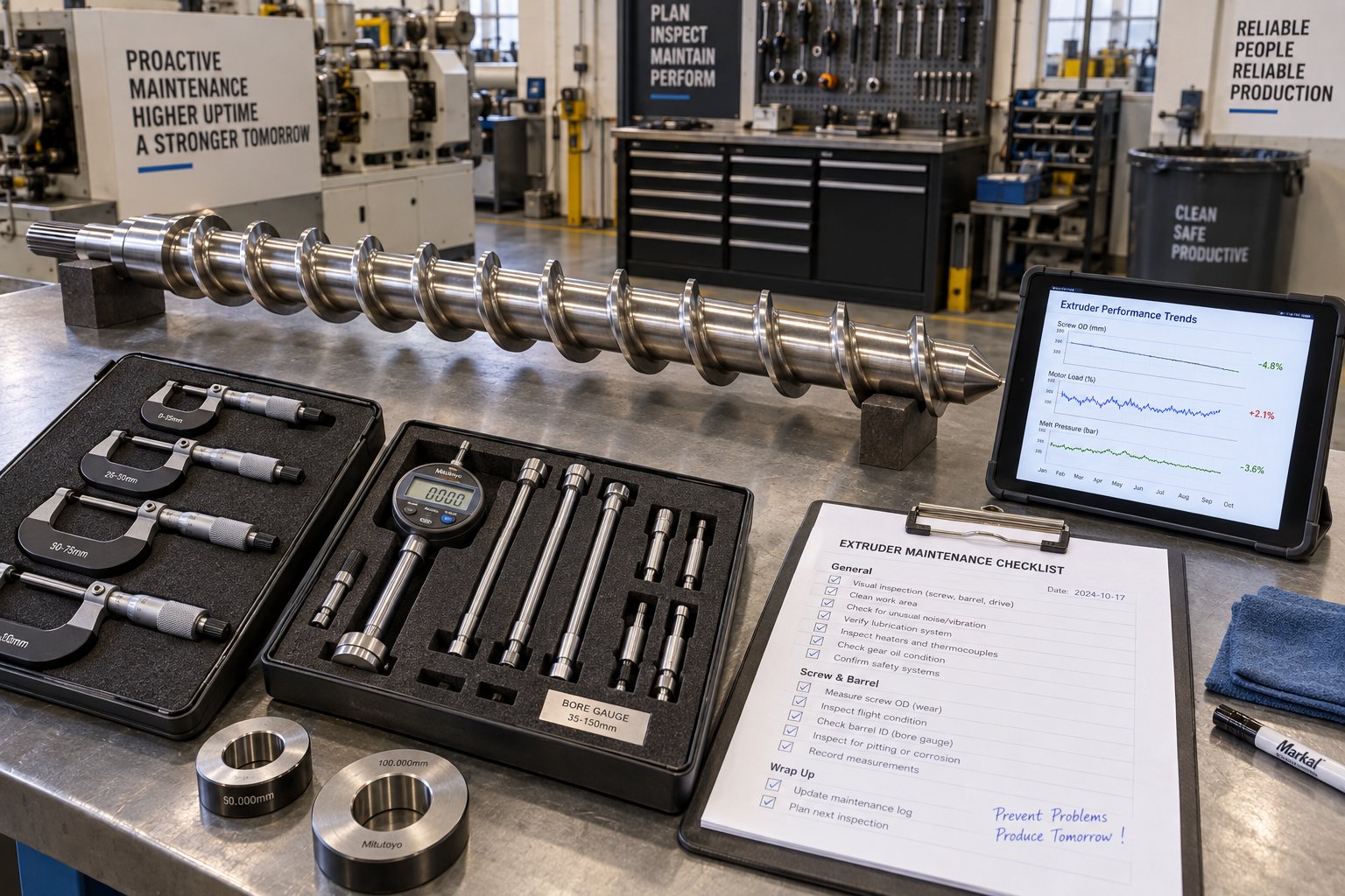 organized screw inspection setup supports a structured preventive maintenance schedule for extruder components
