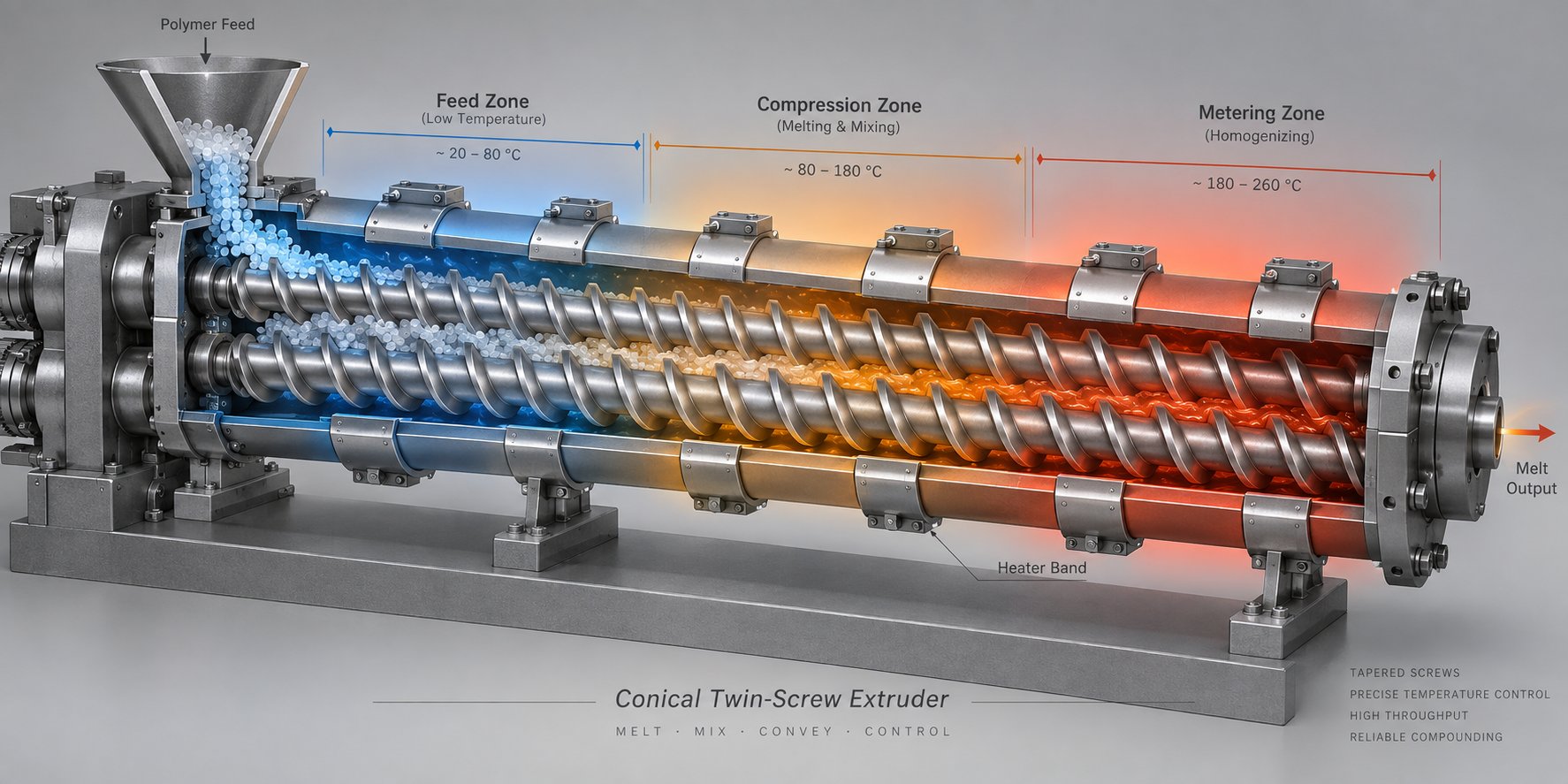 barrel temperature zones in a conical twin screw pvc extruder showing the feed to metering thermal gradient
