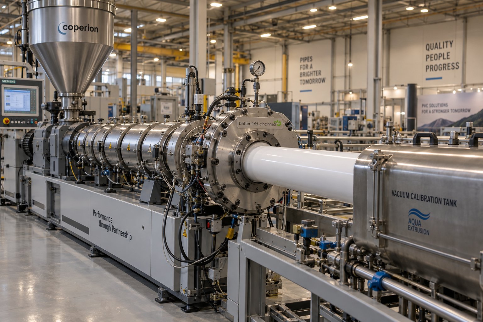 a complete pvc pipe extruder production line showing the twin screw extruder pipe die and downstream cooling equipment