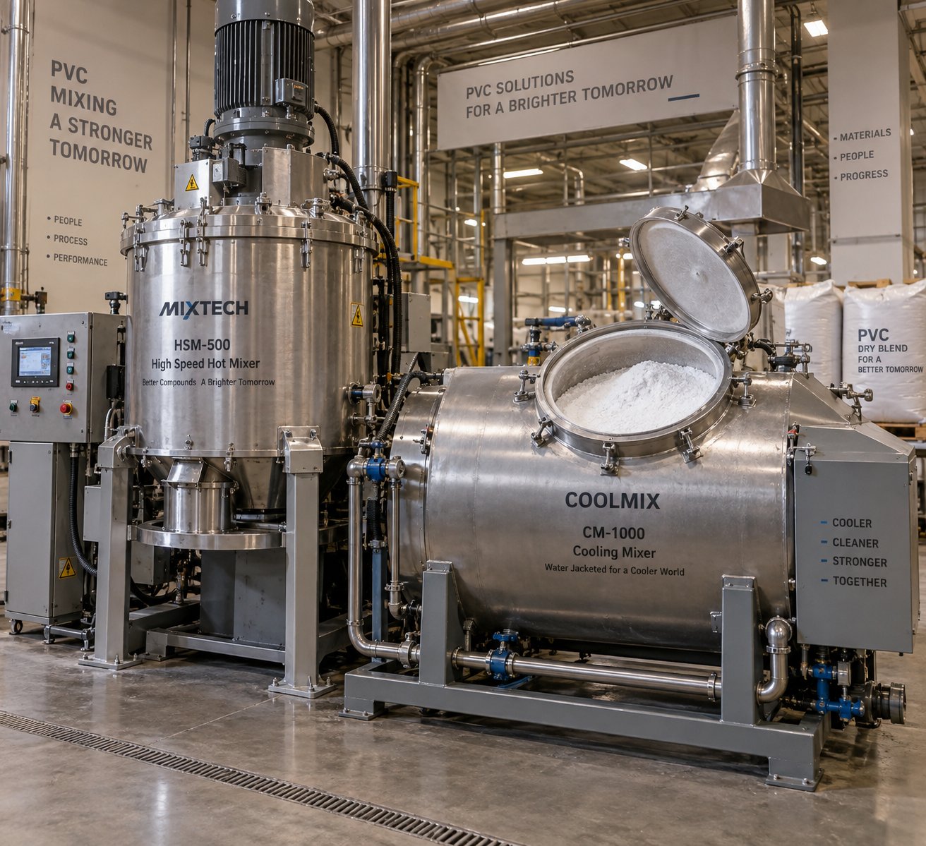 a hot mixer and cooling mixer station used for pvc dry blend compounding before extrusion
