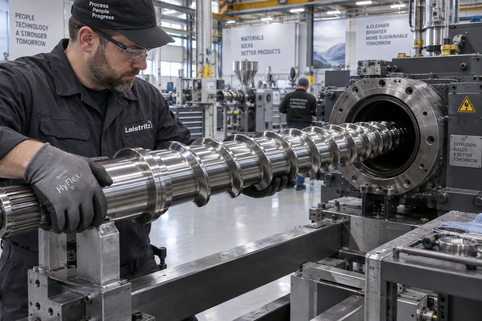 installing a precision repaired extruder screw back into the barrel for post repair performance validation