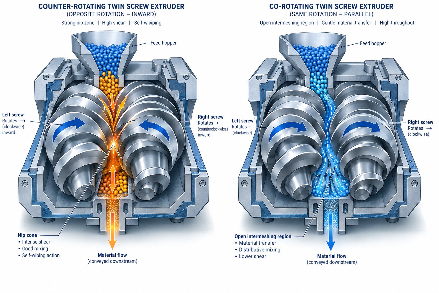 cross section comparison of counter rotating versus co rotating twin screw configurations showing screw direction and nip zone
