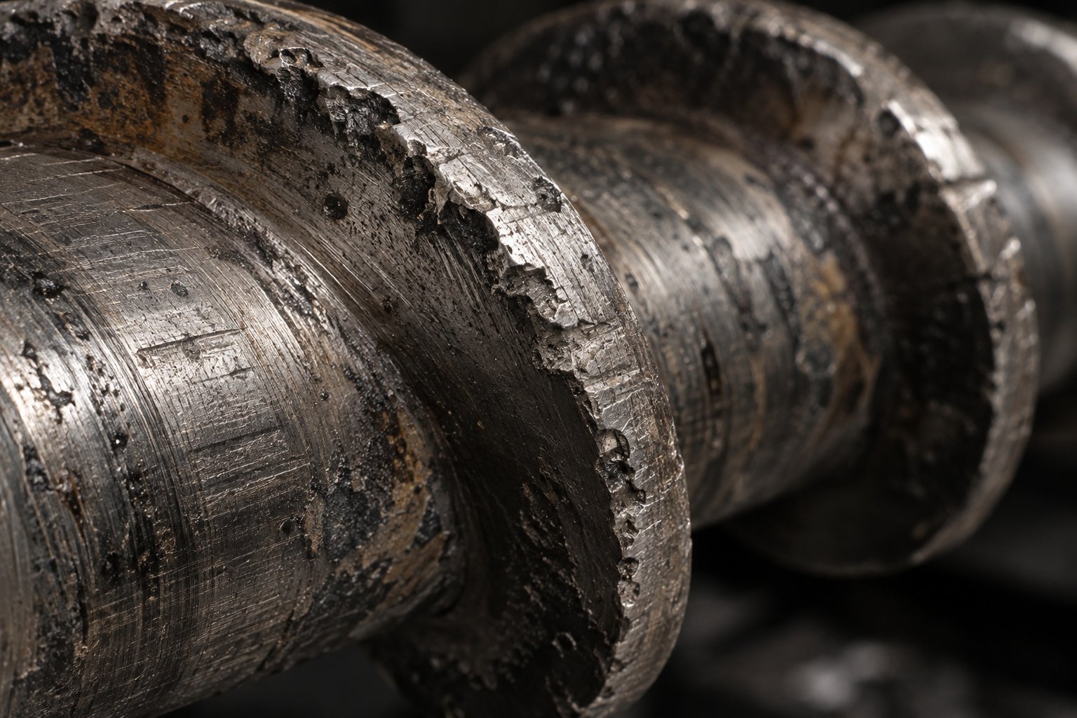 worn extruder screw flight showing abrasive and corrosive wear typical of pvc processing
