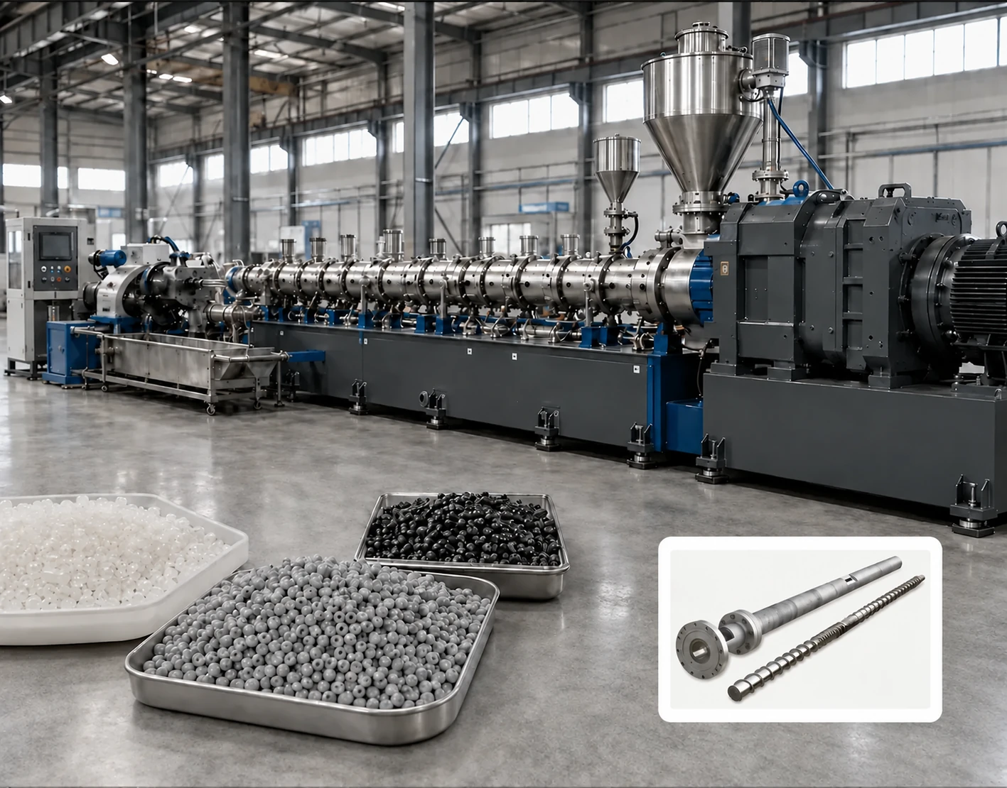 Plastic granulation and compounding extrusion line with finished plastic pellets and a screw barrel assembly