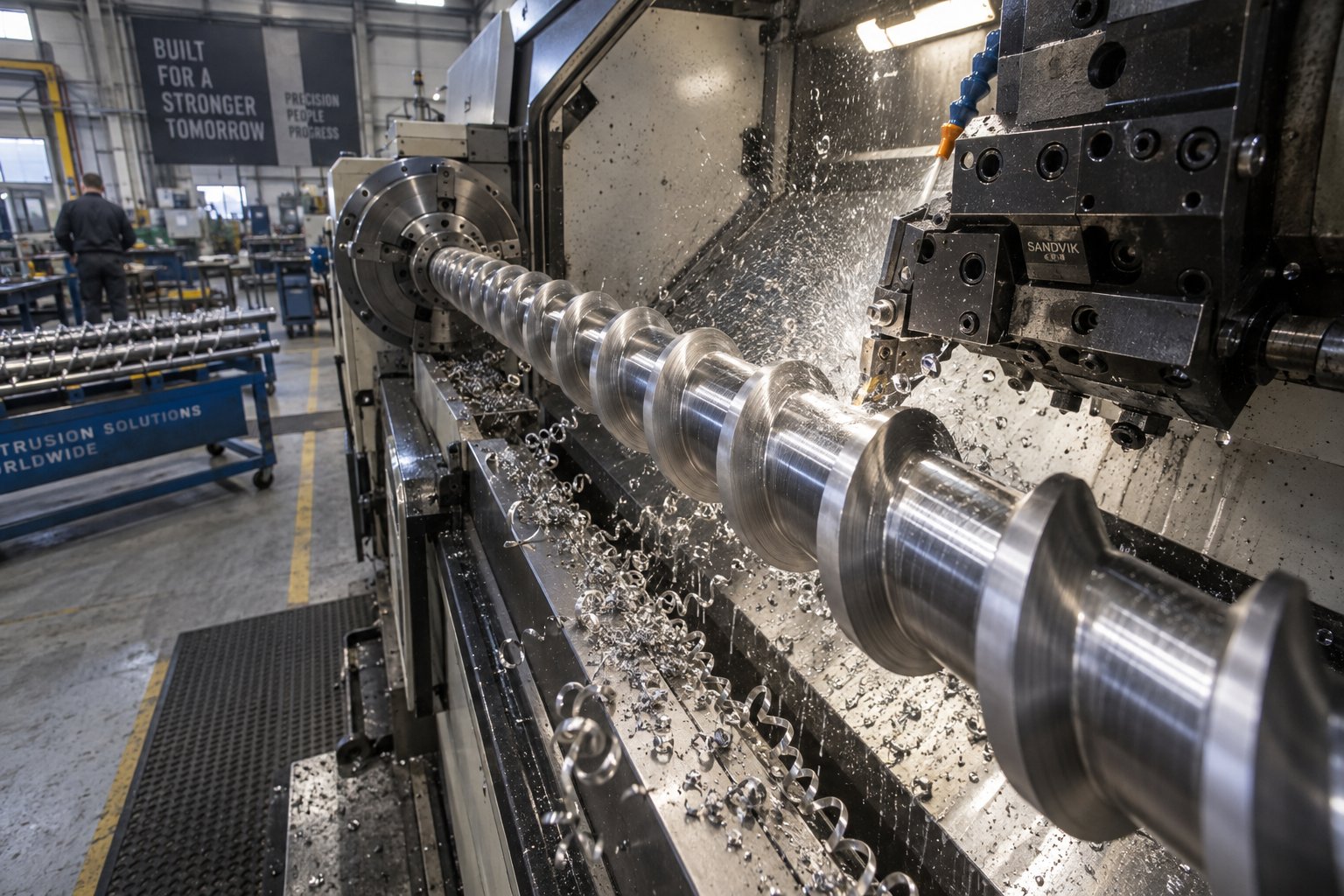 cnc machining cuts precise flight geometry into an extruder screw blank during production
