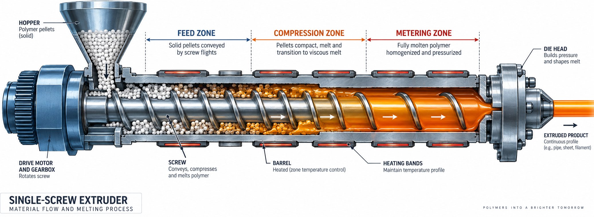 cross section view of a pe pipe extruder showing feed compression and metering zones inside the barrel