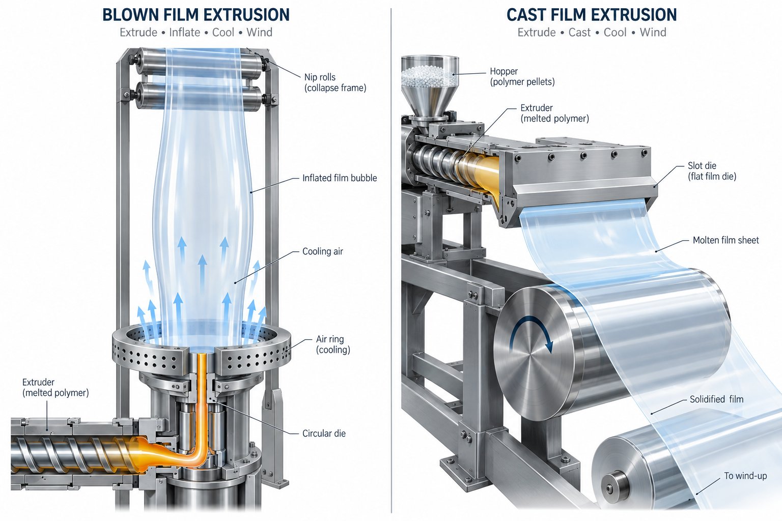 side by side comparison of blown film bubble process and cast film chill roll process