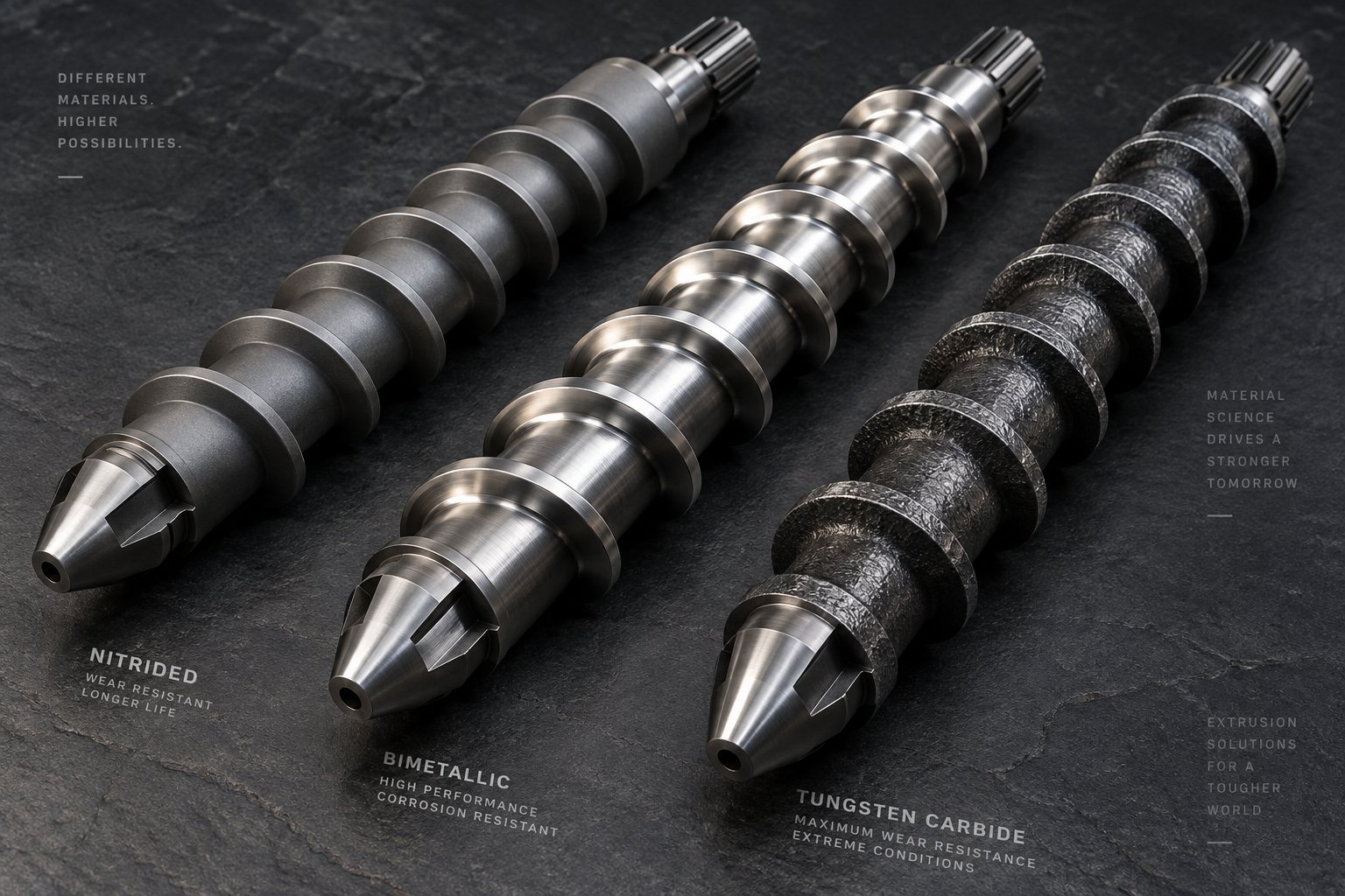 different material grades on extruder screws produce distinct surface finishes and wear characteristics