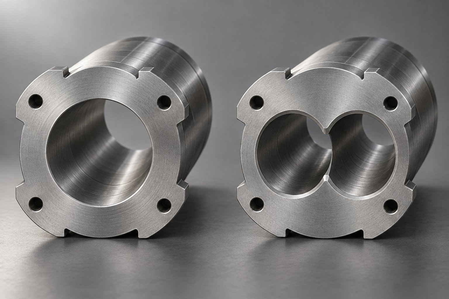 cross section comparison of single bore and twin bore extruder barrel configurations
