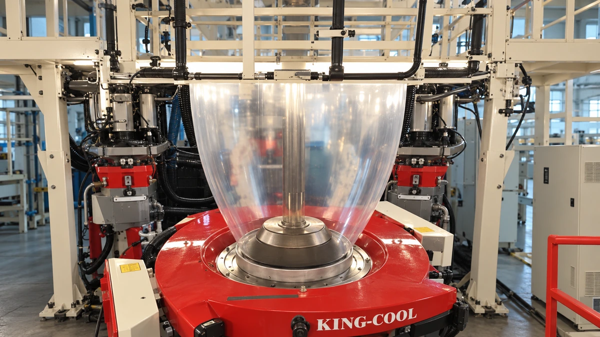 Blown film bubble above an extrusion die viewed from an elevated workshop angle