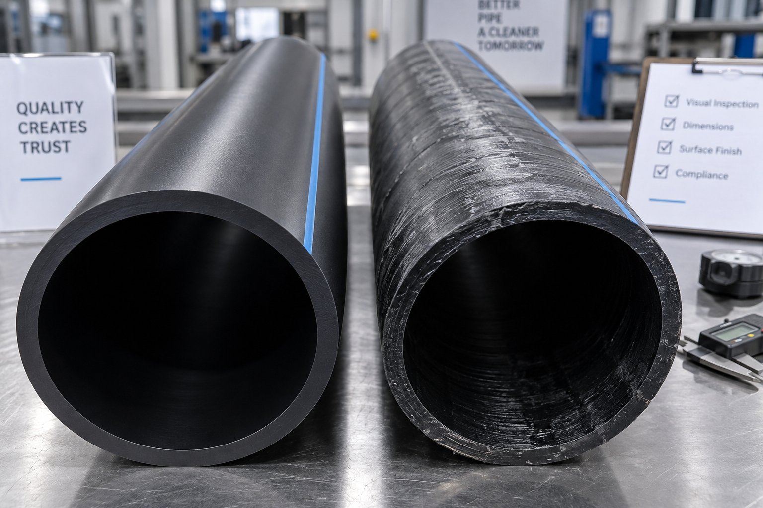 side by side comparison of a flawless hdpe pipe surface and one exhibiting surface extrusion defects