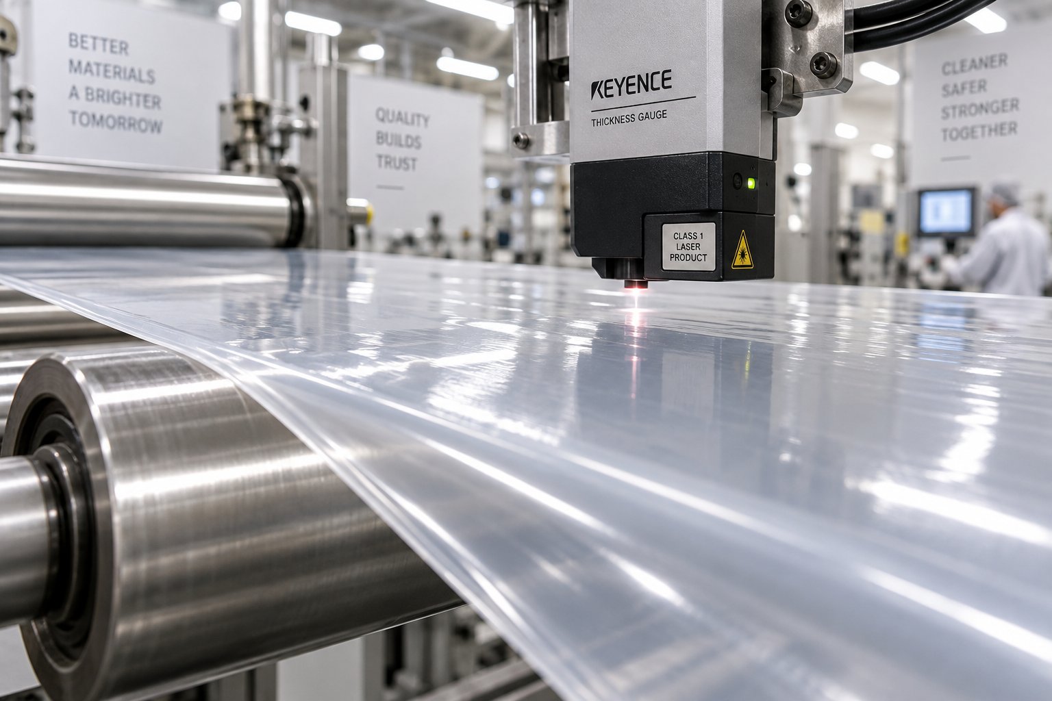 inline thickness gauge scanning a pet sheet for quality defects during continuous production