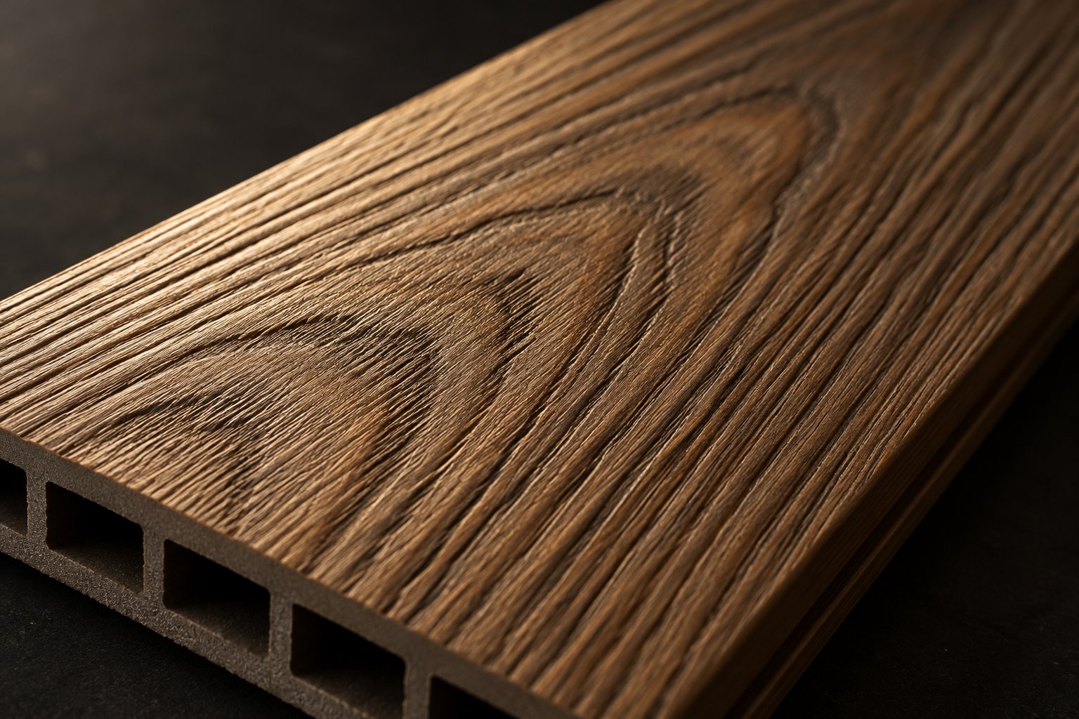 deep wood grain embossing on a wpc decking board creates a realistic texture that enhances both aesthetics and slip resistance