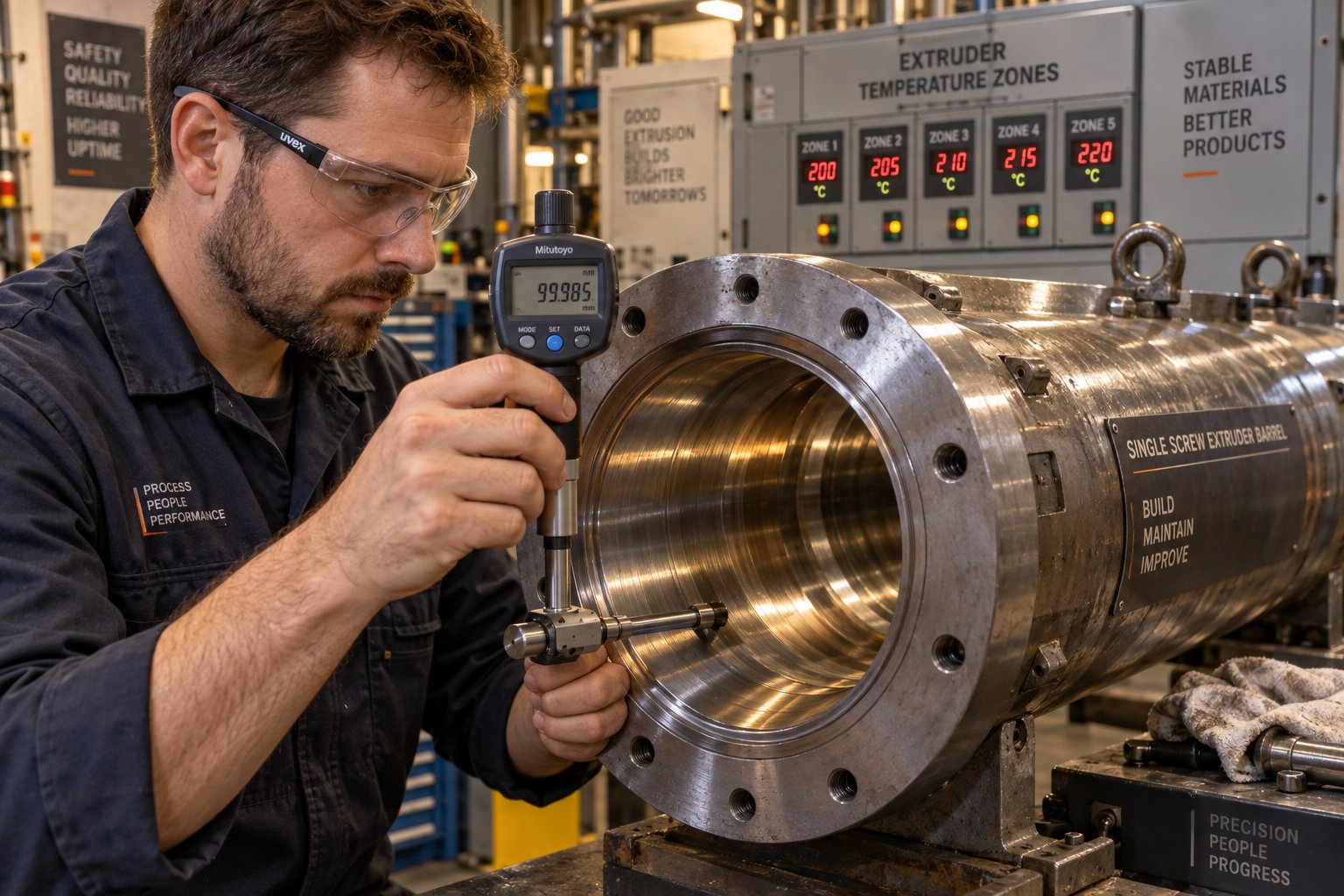 a technician inspecting single screw extruder barrel bore dimensions during a scheduled maintenance check