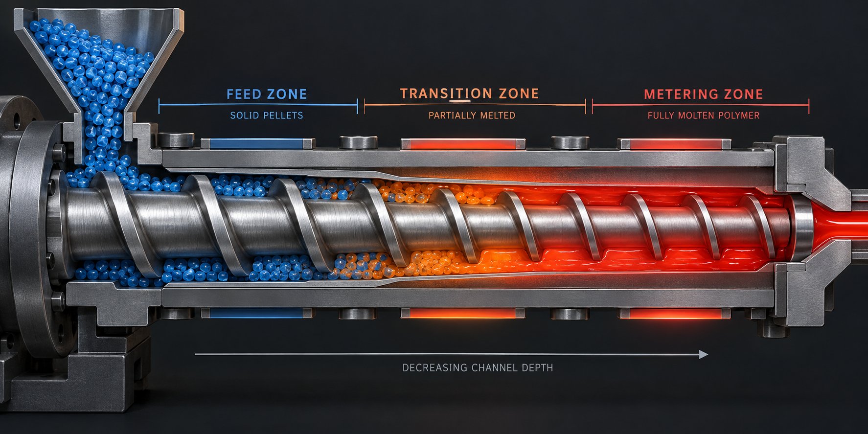 cutaway view of extruder screw zones where distinct wear mechanisms develop during processing