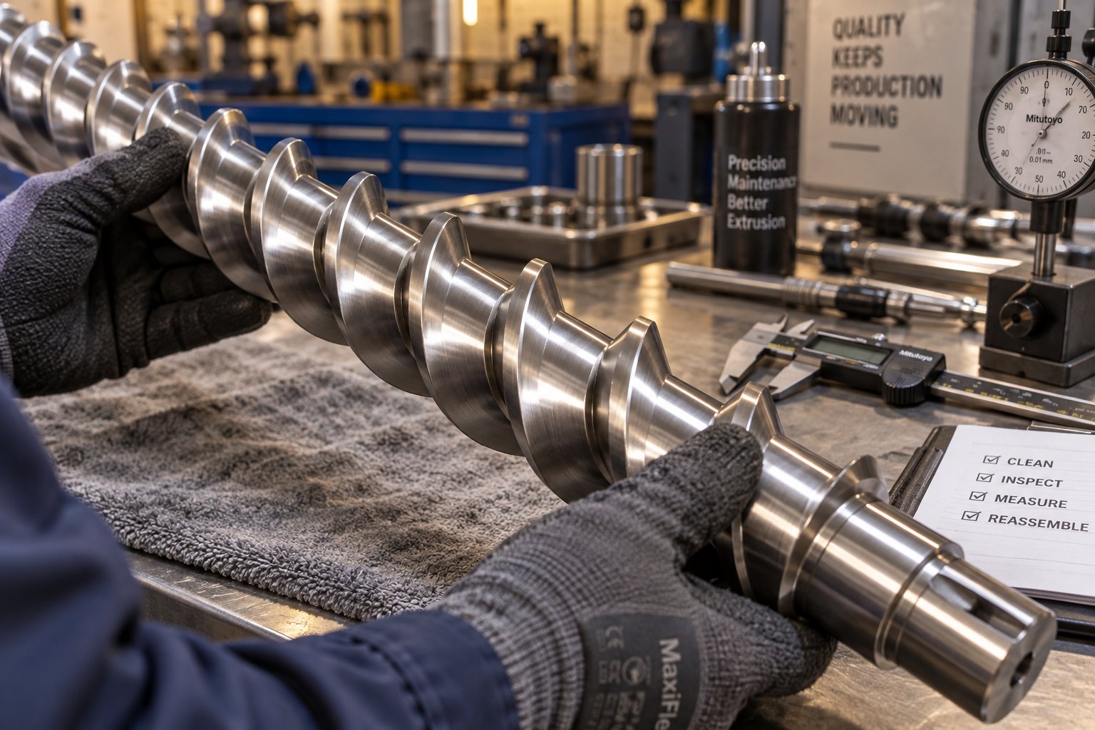 inspecting screw flight condition %E2%80%94 regular monitoring of wear patterns helps maintain consistent extruder output and product quality