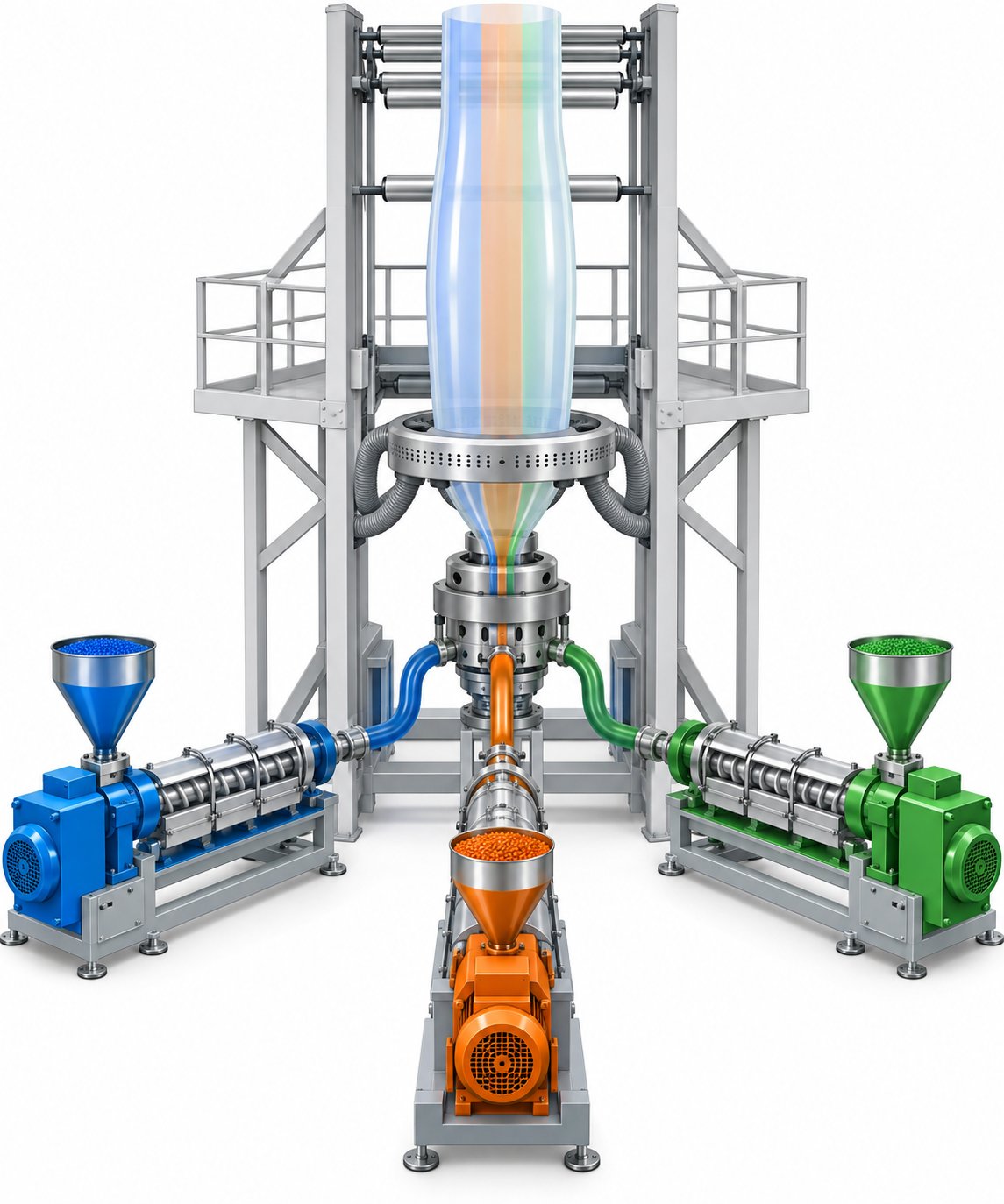 multi layer co extrusion blown film system with three extruders feeding a single die head