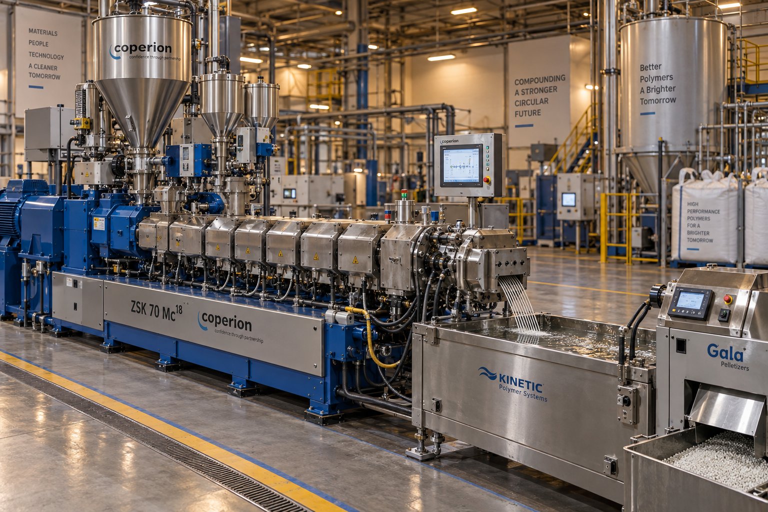 a parallel twin screw extruder compounding line with modular barrel segments configured for polymer mixing and pelletizing