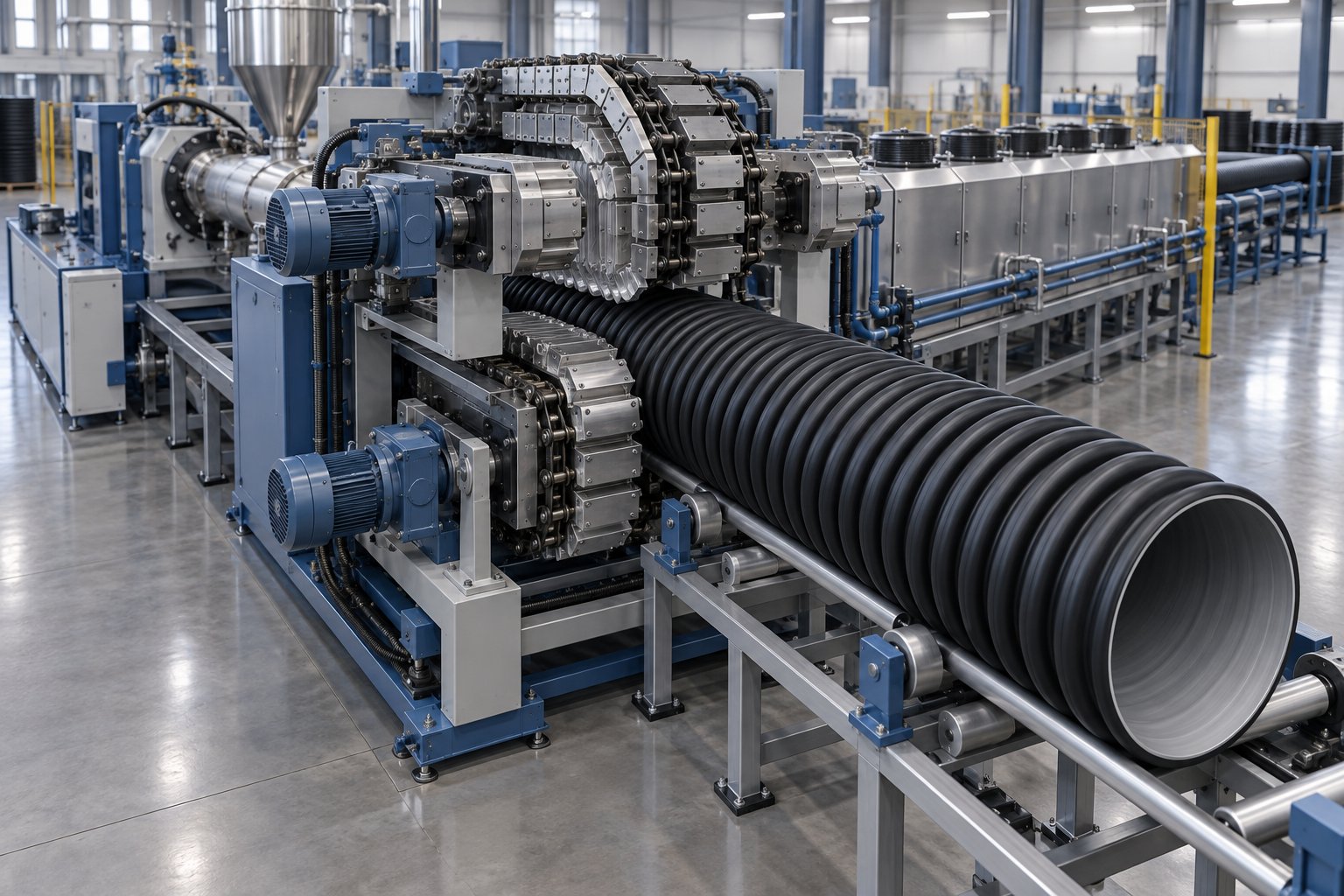 corrugated double wall hdpe pipe line with mold block corrugator forming the ribbed outer profile