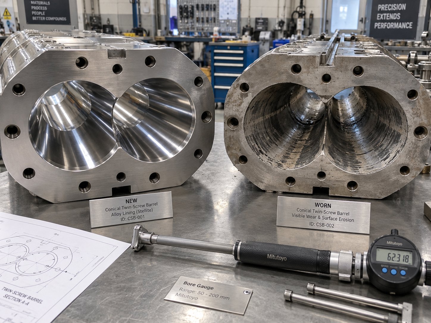 comparison of a new conical twin screw barrel with a pristine alloy lining versus a worn barrel showing bore erosion from abrasive wpc processing