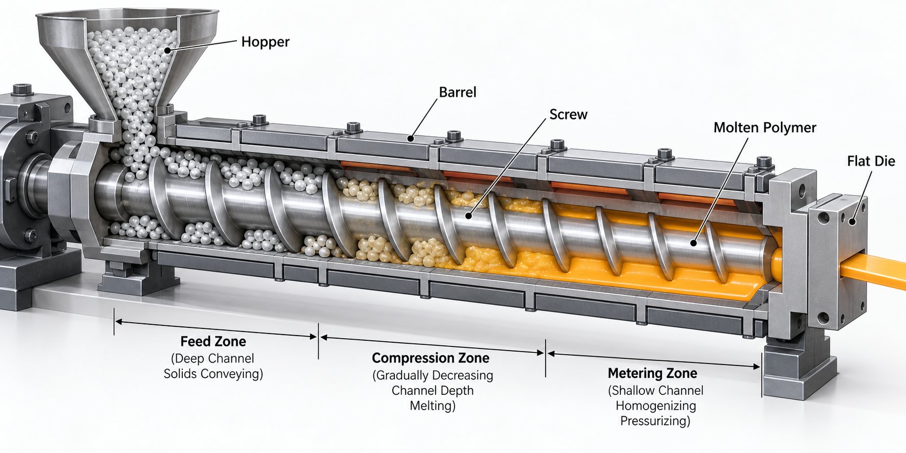 cross section view of a single screw extruder showing feed compression and metering zones that convert solid pellets into uniform melt