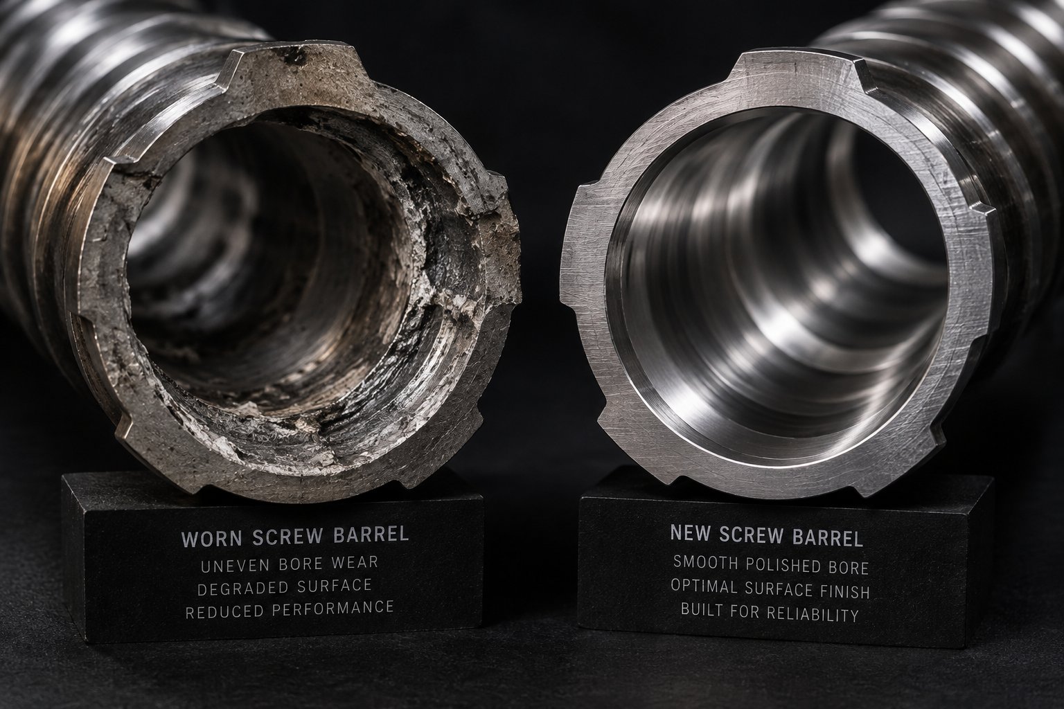 a worn screw barrel next to a new one %E2%80%94 premature wear from budget components often costs more than the initial savings