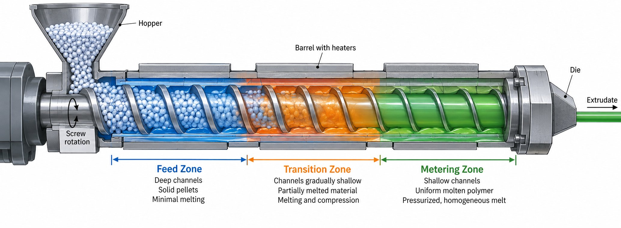 cutaway view of an extruder screw showing the feed transition and metering zones for pe processing