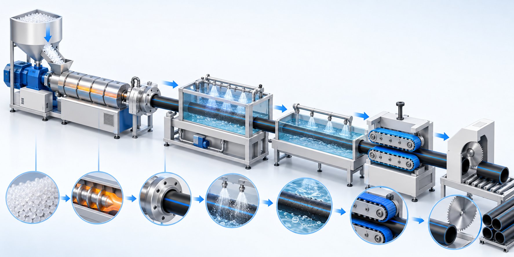 step by step flow of the pe pipe extrusion process from pellet feeding through cutting