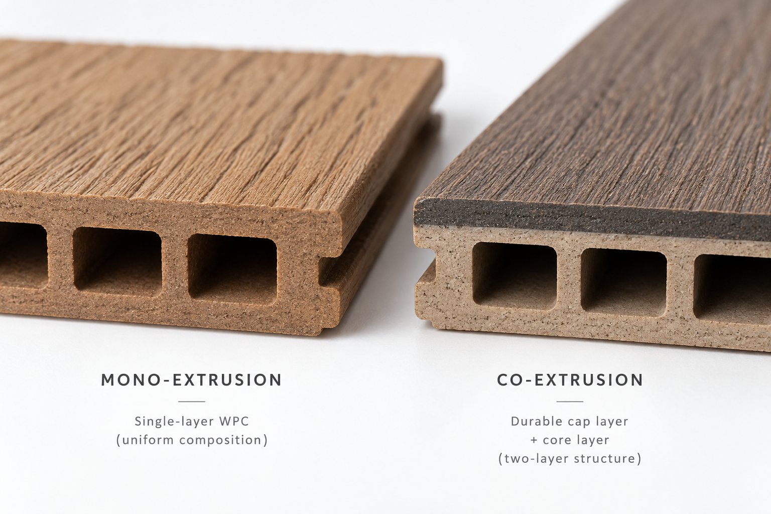 cross section comparison showing a mono extruded wpc board versus a co extruded board with a protective cap layer