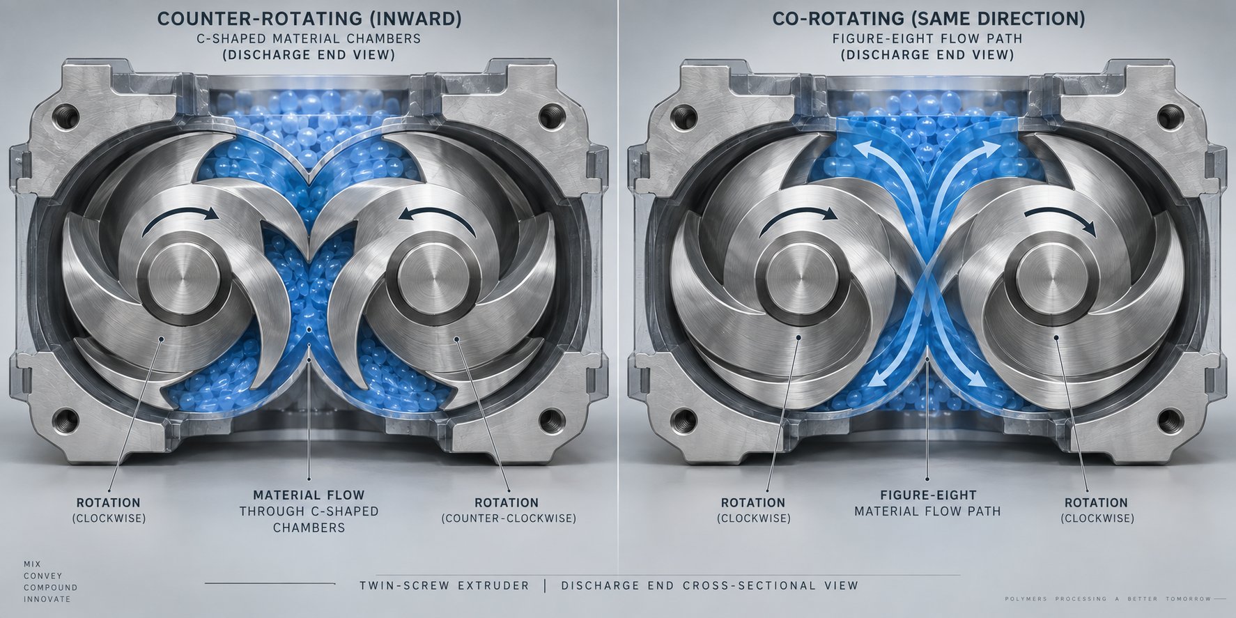 cross section comparison of counter rotating and co rotating twin screw configurations for pvc extrusion