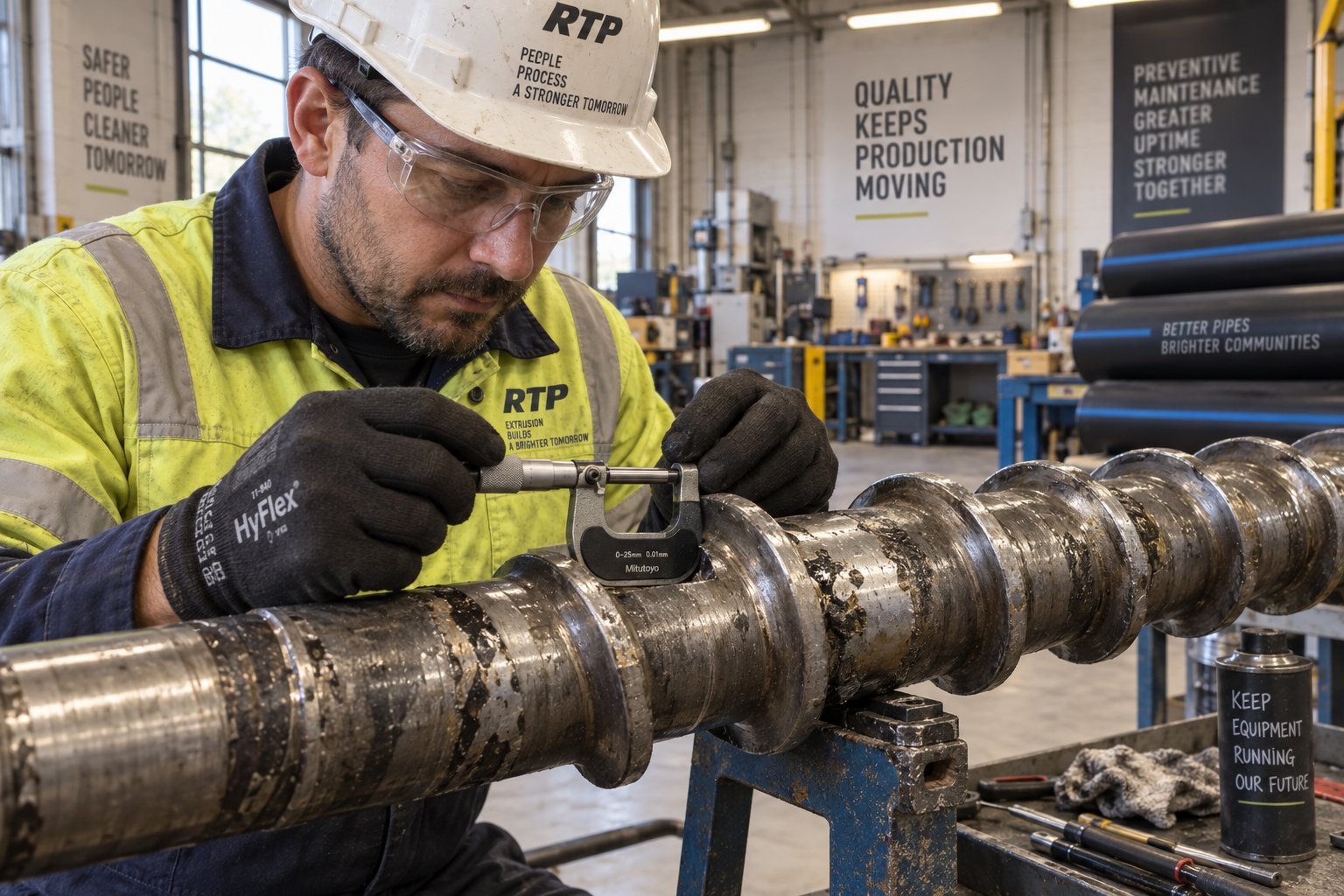 technician measuring extruder screw wear during scheduled maintenance on an hdpe pipe production line
