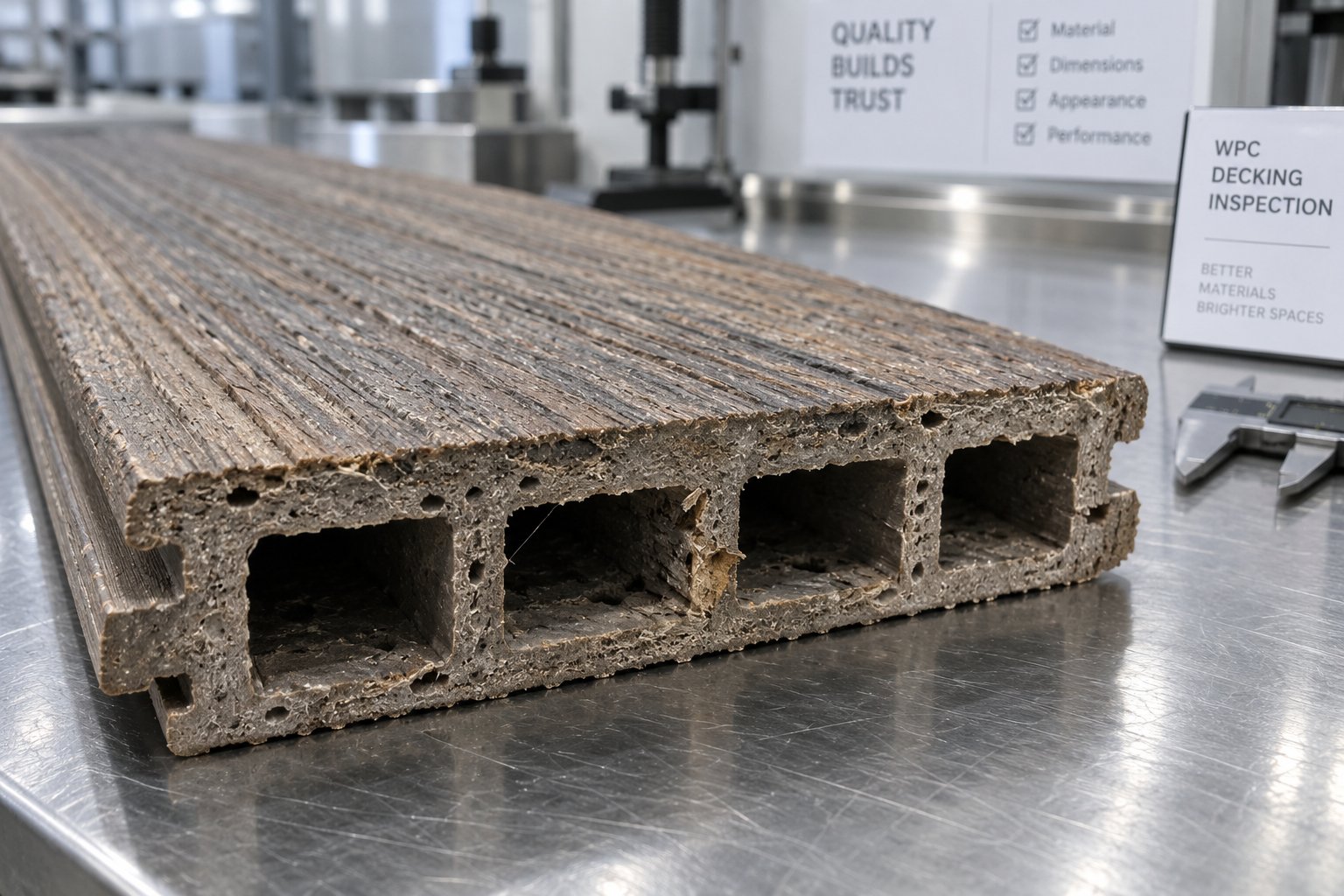 cross section of a wpc profile showing typical extrusion defects that operators must identify and correct during production