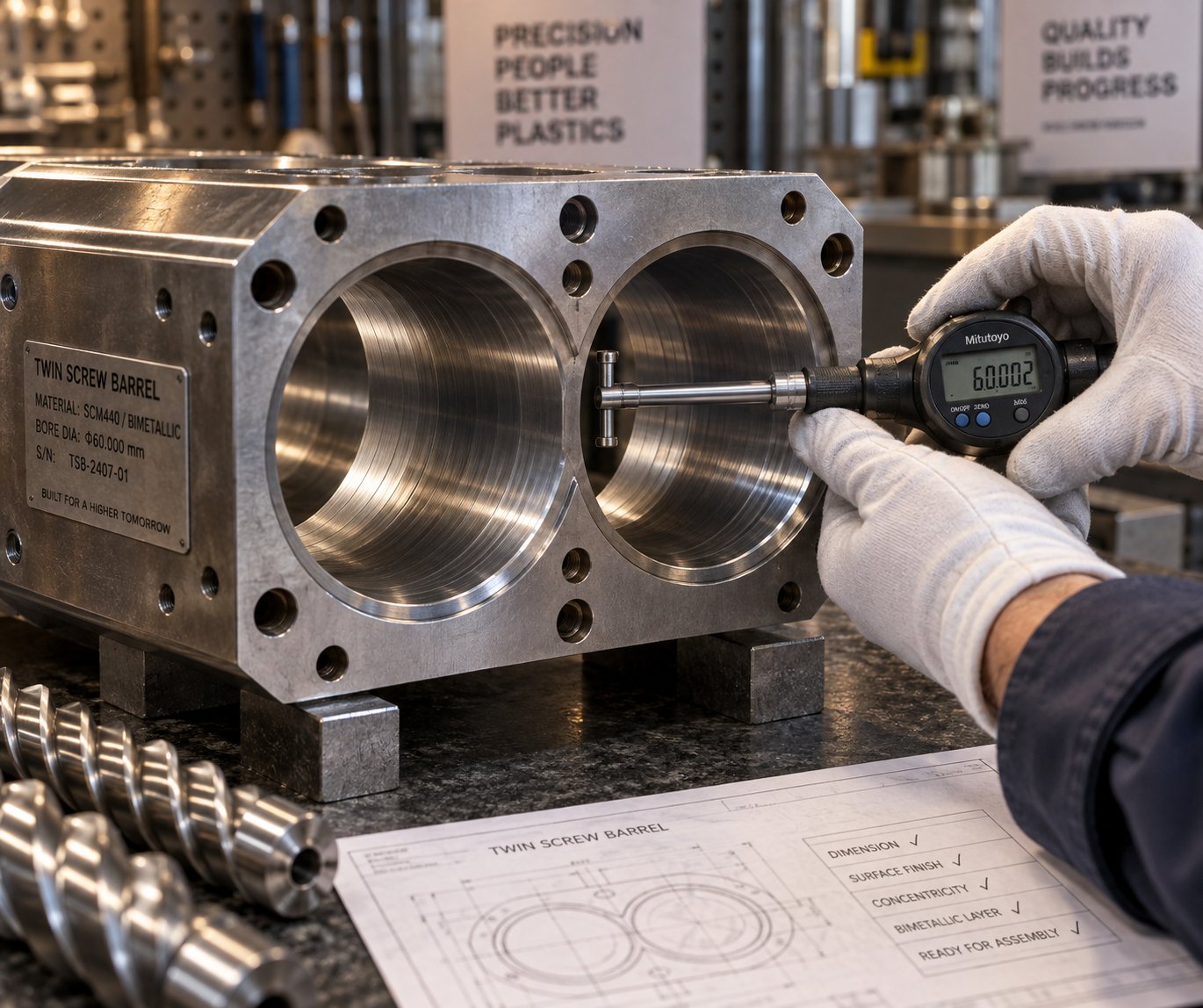 quality inspection of a parallel twin screw barrel bore with precision measurement tools