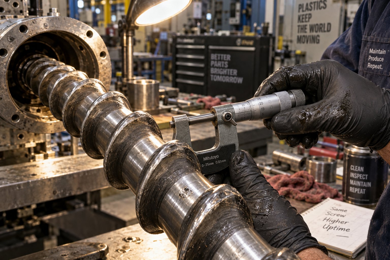 technician measuring screw flight wear during a scheduled maintenance inspection on a pelletizing extruder